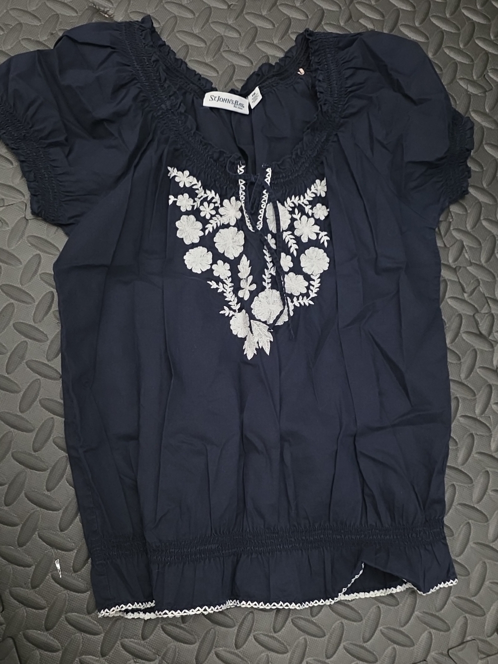 St. John's Bay Navy Blouse with White Floral Embroidery